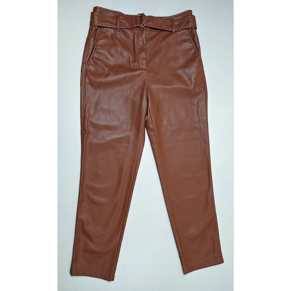 LOFT Faux Leather Belted Pants Brown High Rise Straight Leg Women's Size 4